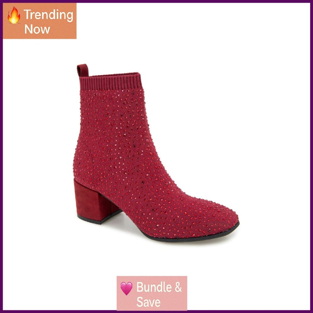 Stretch Knit Booties with Block Heel, Pull-On Style, 2.25" Heel